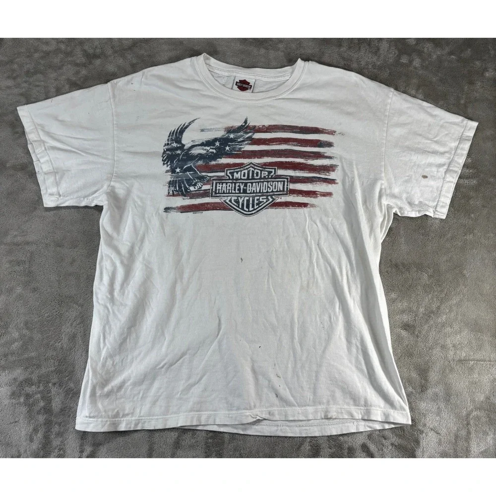 VTG Harley-Davidson T-Shirt Mens XL White Eagle Flag Sauk Prairie WI USA‎ Made